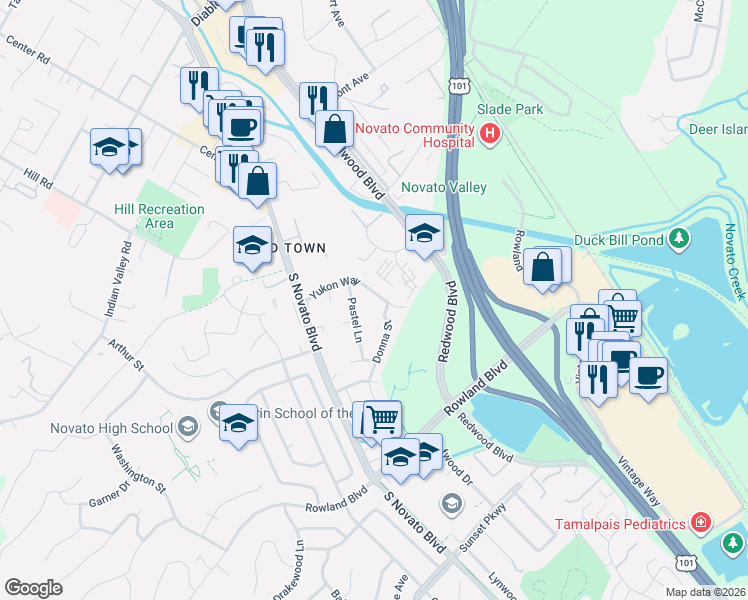map of restaurants, bars, coffee shops, grocery stores, and more near 1235 Yukon Way in Novato