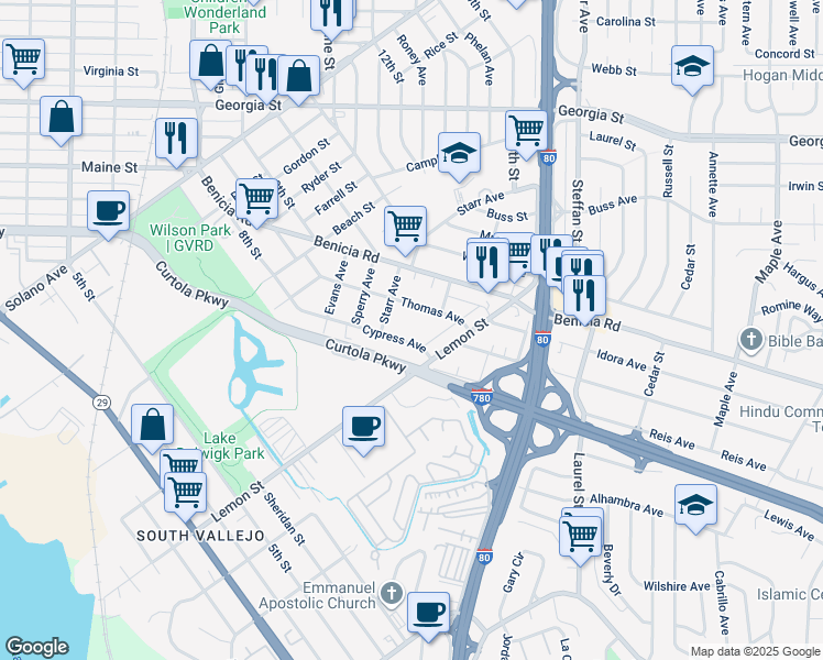 map of restaurants, bars, coffee shops, grocery stores, and more near 524 Cypress Avenue in Vallejo