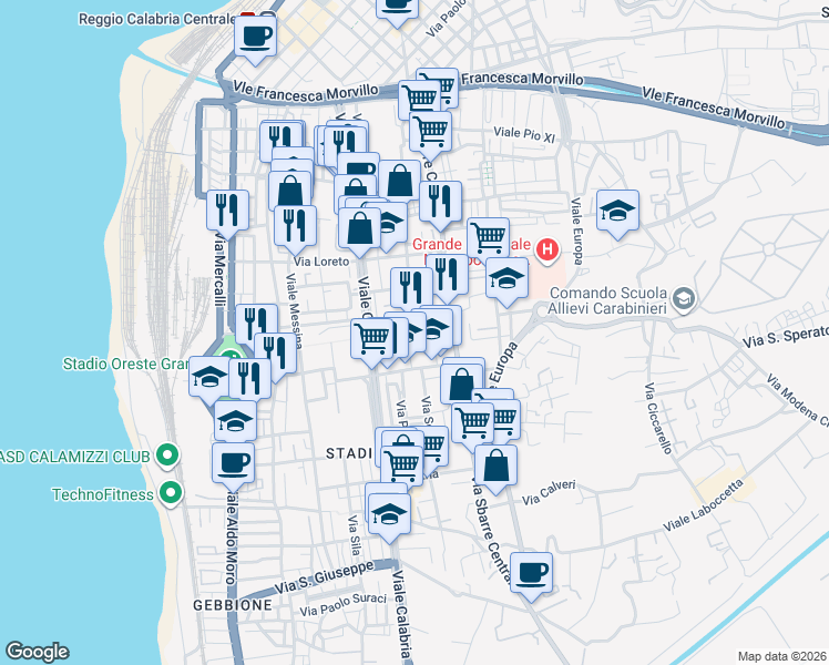 map of restaurants, bars, coffee shops, grocery stores, and more near 5 Via Bergamo in Reggio Calabria