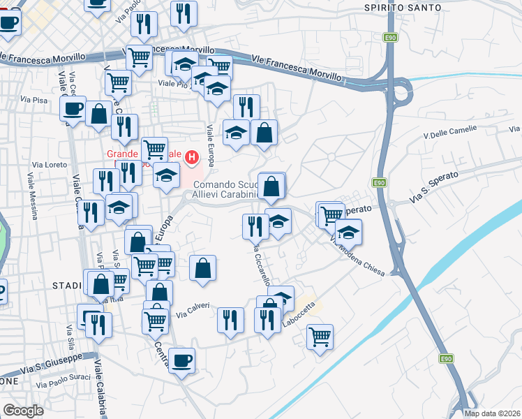 map of restaurants, bars, coffee shops, grocery stores, and more near 24 Via del Seminario in Reggio Calabria