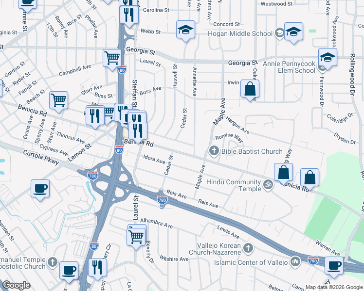 map of restaurants, bars, coffee shops, grocery stores, and more near 231 Steffan Street in Vallejo