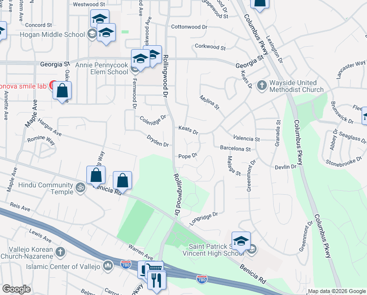 map of restaurants, bars, coffee shops, grocery stores, and more near 121 Yorkshire Court in Vallejo