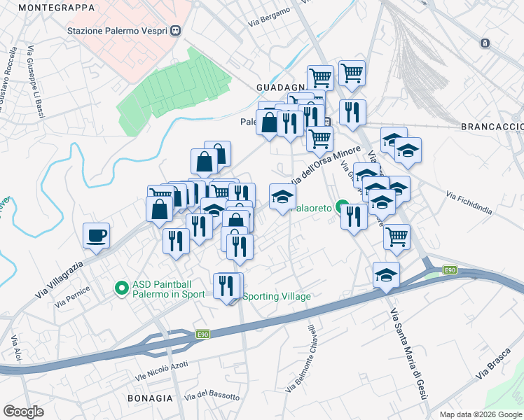map of restaurants, bars, coffee shops, grocery stores, and more near 55 Via dell'Orsa Minore in Palermo