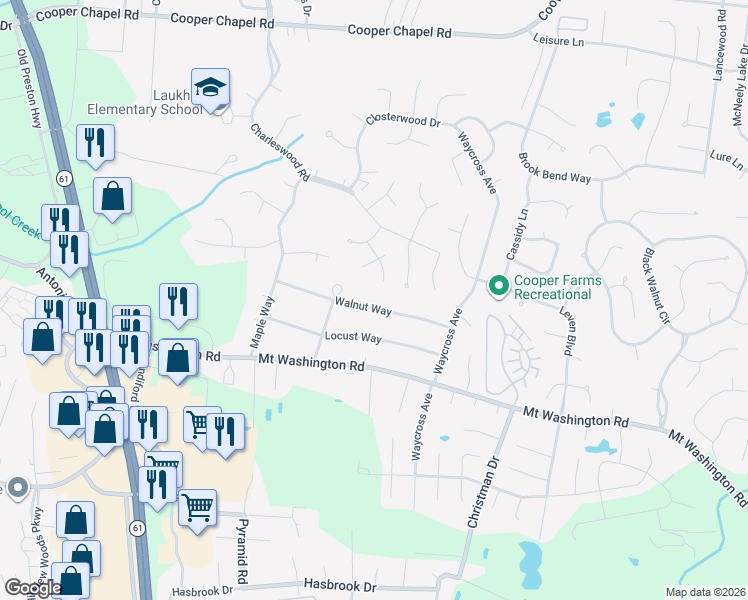 map of restaurants, bars, coffee shops, grocery stores, and more near 5611 Walnut Way in Louisville