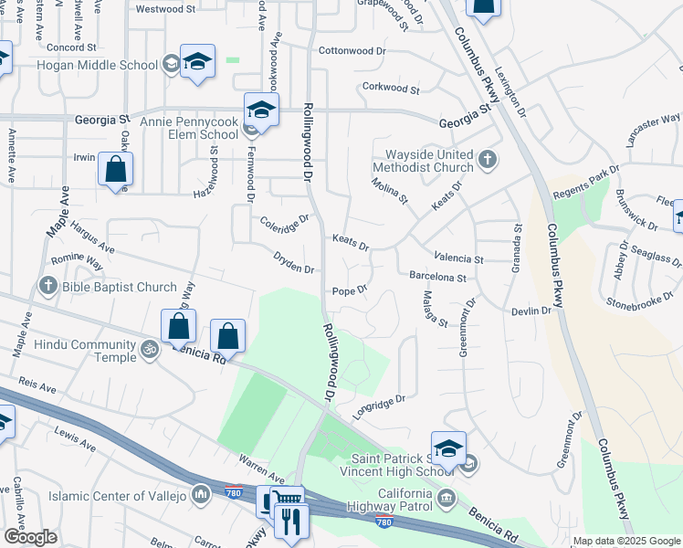 map of restaurants, bars, coffee shops, grocery stores, and more near 111 Yorkshire Court in Vallejo
