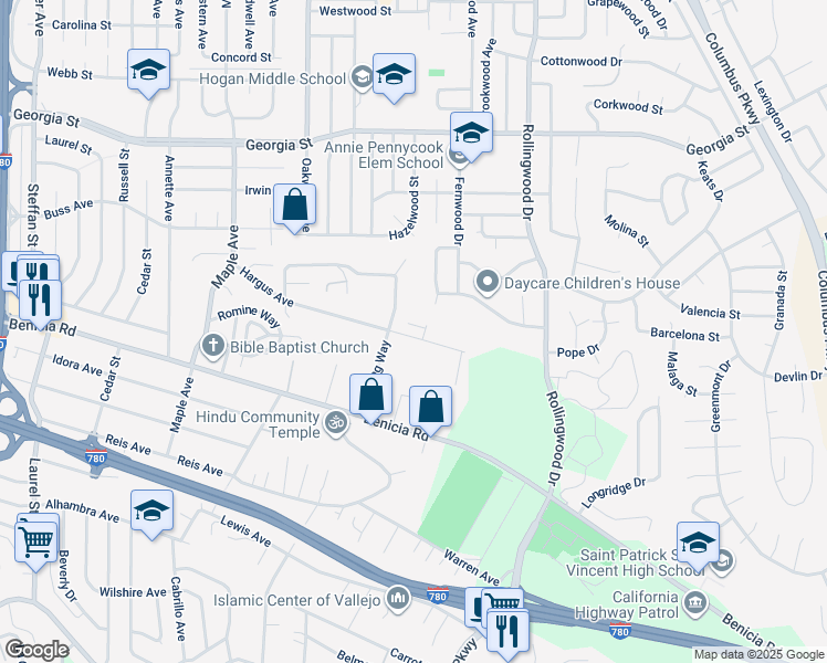 map of restaurants, bars, coffee shops, grocery stores, and more near 1115 Hargus Avenue in Vallejo