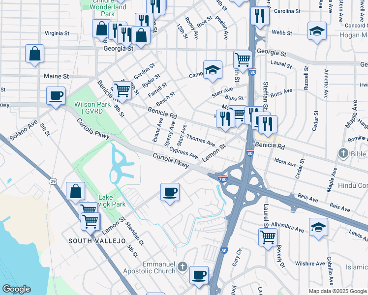 map of restaurants, bars, coffee shops, grocery stores, and more near 524 Cypress Avenue in Vallejo