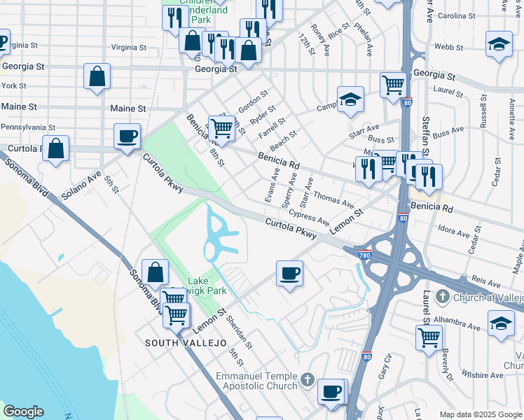 map of restaurants, bars, coffee shops, grocery stores, and more near 203 Cypress Avenue in Vallejo