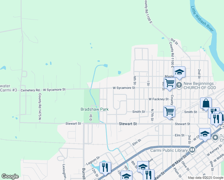 map of restaurants, bars, coffee shops, grocery stores, and more near 615 Hillsdale Drive in Carmi