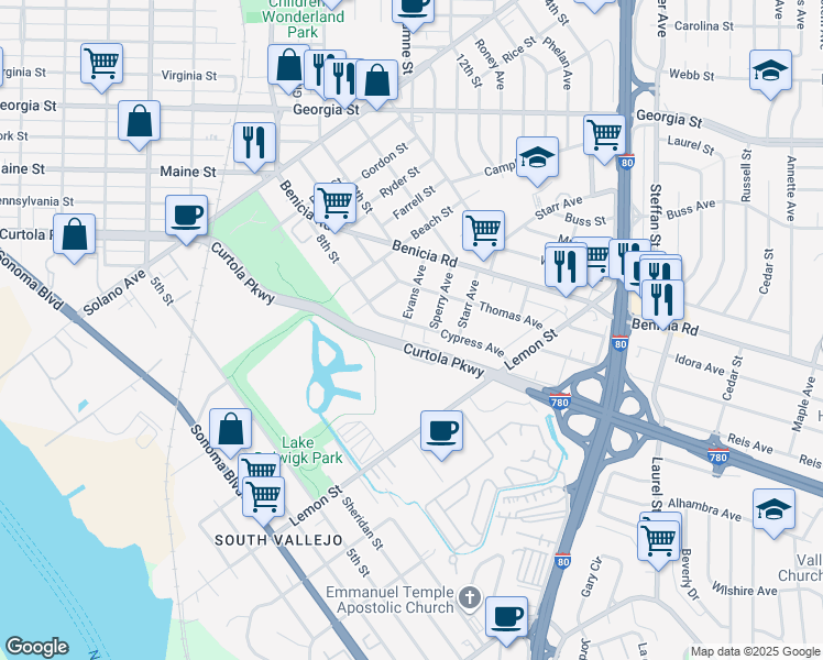 map of restaurants, bars, coffee shops, grocery stores, and more near 203 Cypress Avenue in Vallejo