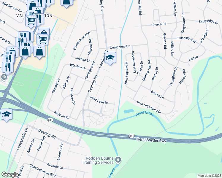 map of restaurants, bars, coffee shops, grocery stores, and more near 11013 Sandwood Place in Louisville