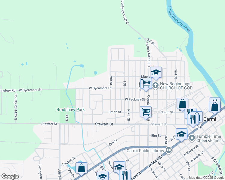 map of restaurants, bars, coffee shops, grocery stores, and more near 601-699 9th Street in Carmi