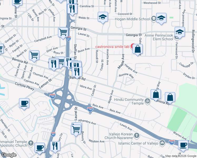 map of restaurants, bars, coffee shops, grocery stores, and more near 231 Steffan Street in Vallejo