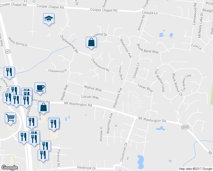 map of restaurants, bars, coffee shops, grocery stores, and more near 5500 Sullivan Way in Louisville