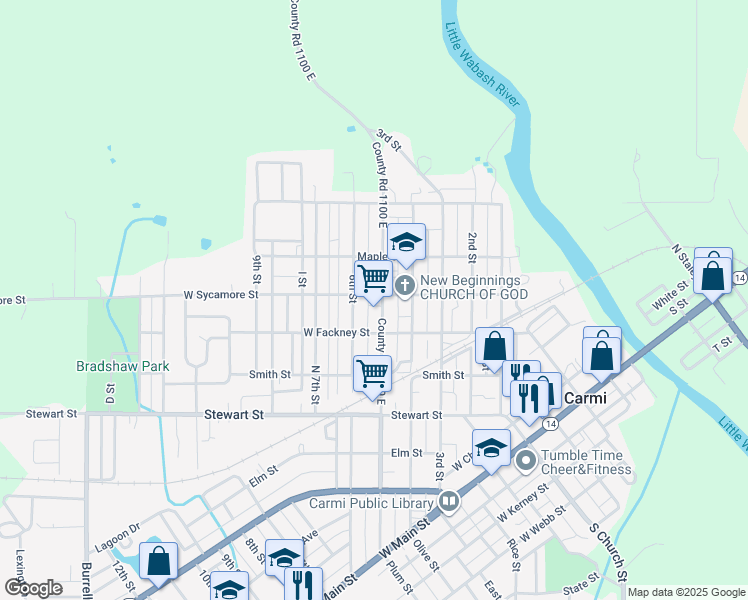 map of restaurants, bars, coffee shops, grocery stores, and more near 612 Co Road 1100 East in Carmi