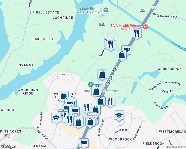 map of restaurants, bars, coffee shops, grocery stores, and more near 3450 Berkmar Drive in Charlottesville