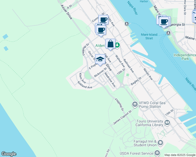 map of restaurants, bars, coffee shops, grocery stores, and more near 1109 Flagship Drive in Vallejo