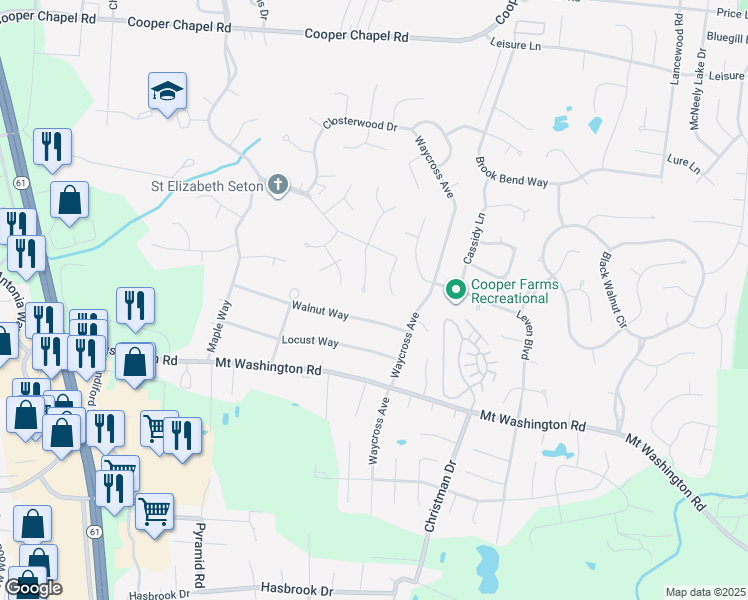 map of restaurants, bars, coffee shops, grocery stores, and more near 5500 Sullivan Way in Louisville