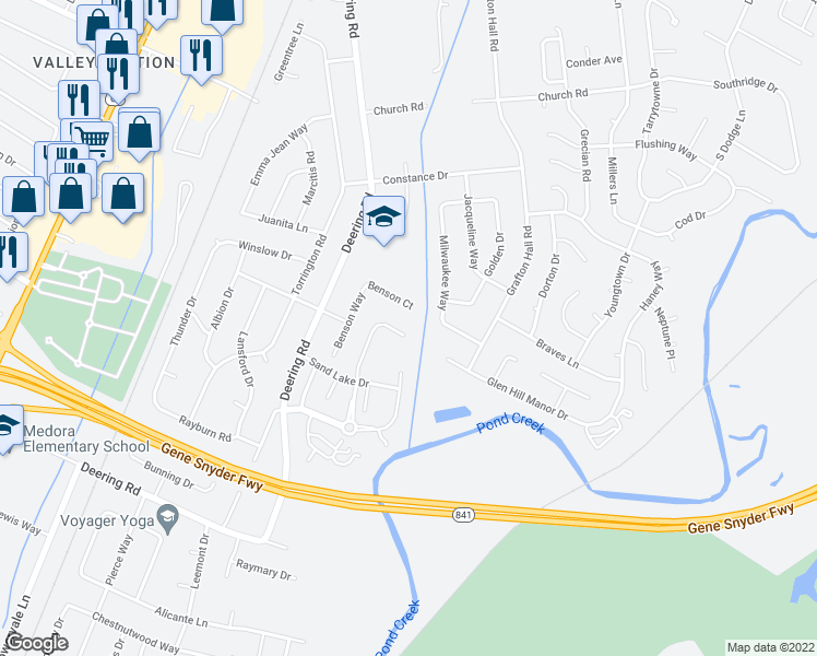 map of restaurants, bars, coffee shops, grocery stores, and more near 11004 Sandwood Place in Louisville