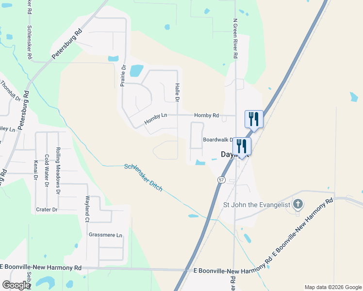 map of restaurants, bars, coffee shops, grocery stores, and more near 12812 Mattison Court in Evansville