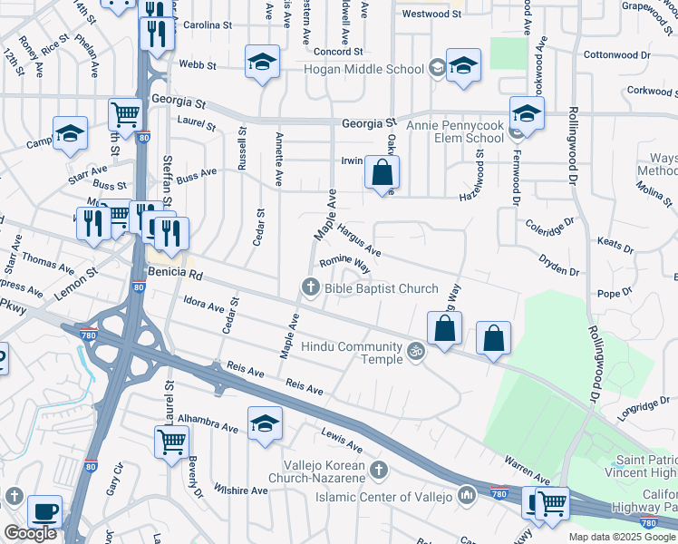 map of restaurants, bars, coffee shops, grocery stores, and more near 120 Sunset Avenue in Vallejo