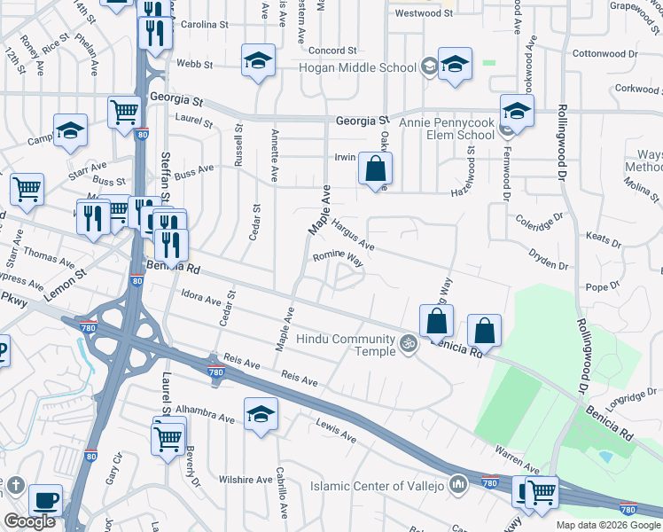 map of restaurants, bars, coffee shops, grocery stores, and more near 120 Sunset Avenue in Vallejo