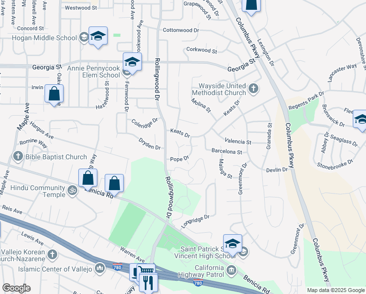 map of restaurants, bars, coffee shops, grocery stores, and more near 750 Pope Drive in Vallejo