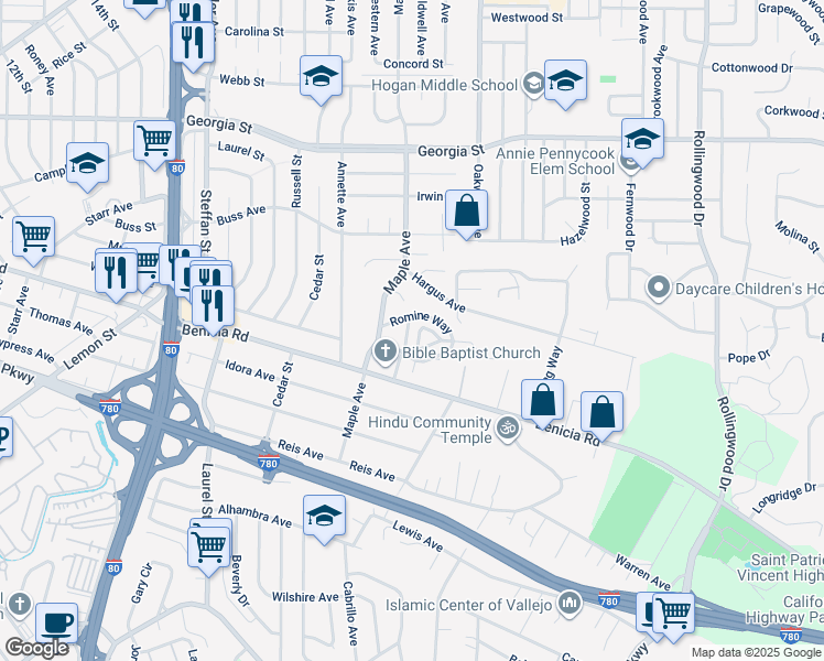 map of restaurants, bars, coffee shops, grocery stores, and more near 120 Sunset Avenue in Vallejo