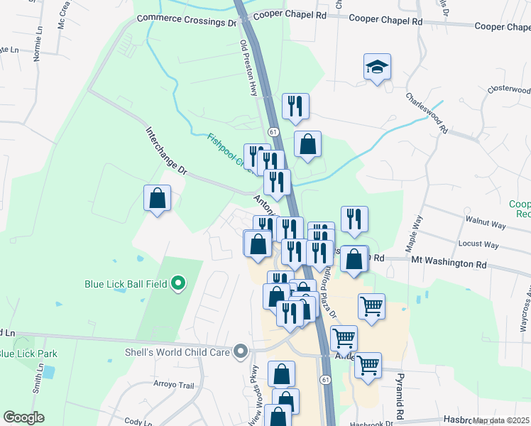 map of restaurants, bars, coffee shops, grocery stores, and more near 11602 Apex View Drive in Louisville
