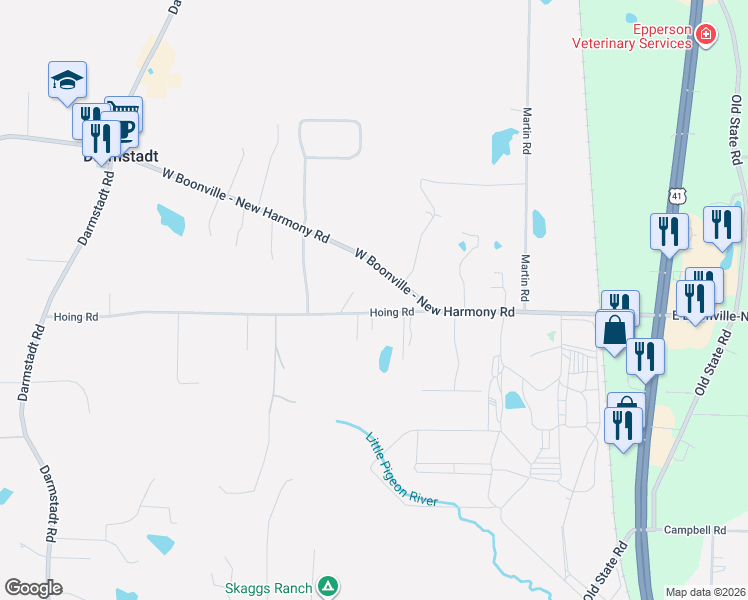 map of restaurants, bars, coffee shops, grocery stores, and more near 131-443 Hoing Road in Evansville