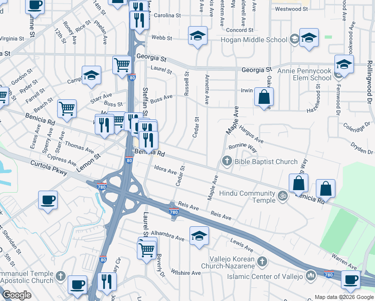 map of restaurants, bars, coffee shops, grocery stores, and more near Steffan Street & Cedar Street in Vallejo
