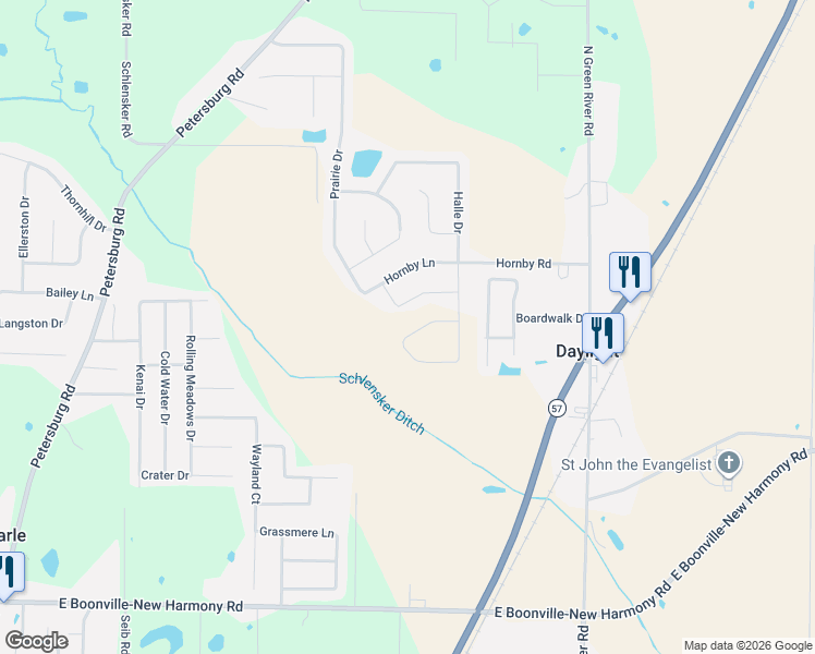 map of restaurants, bars, coffee shops, grocery stores, and more near 13010 Prairie Drive in Evansville