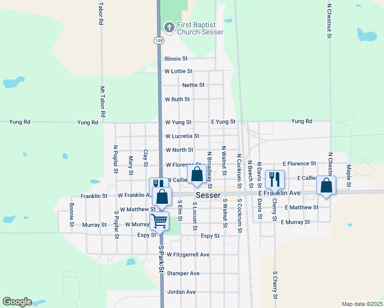 map of restaurants, bars, coffee shops, grocery stores, and more near 206-210 West Florence Street in Sesser