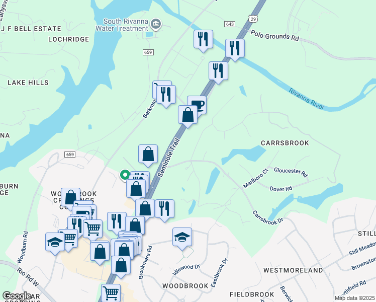 map of restaurants, bars, coffee shops, grocery stores, and more near 3403 North Indian Spring Road in Charlottesville