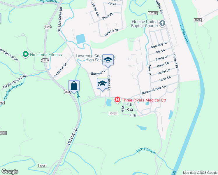 map of restaurants, bars, coffee shops, grocery stores, and more near Bulldog Lane in Louisa