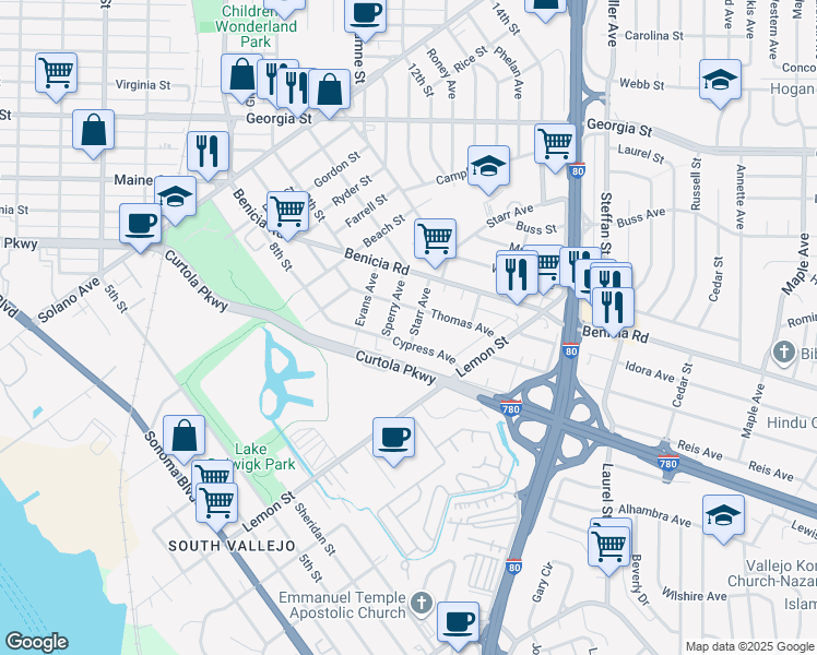 map of restaurants, bars, coffee shops, grocery stores, and more near 123 Starr Avenue in Vallejo