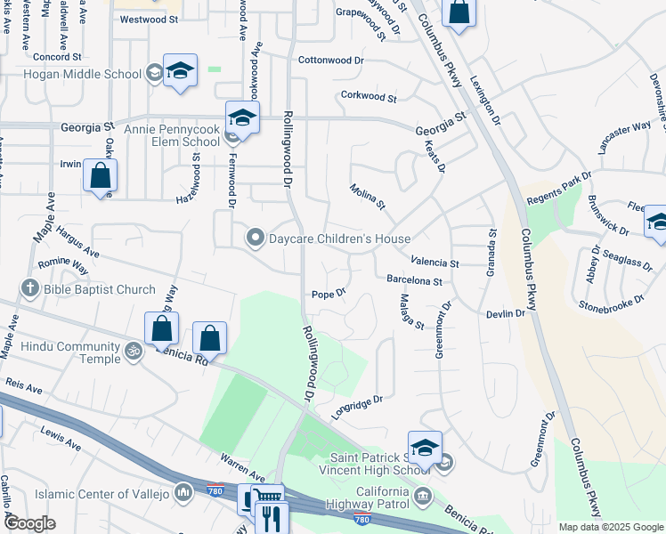 map of restaurants, bars, coffee shops, grocery stores, and more near 750 Pope Drive in Vallejo