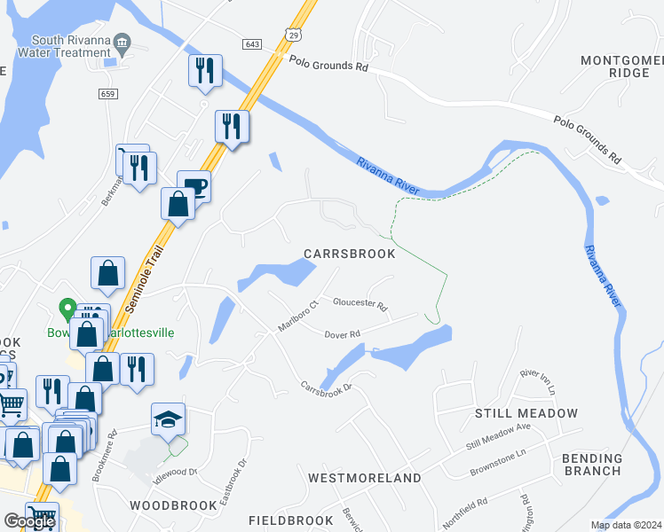 map of restaurants, bars, coffee shops, grocery stores, and more near 3515 Marlboro Court in Charlottesville