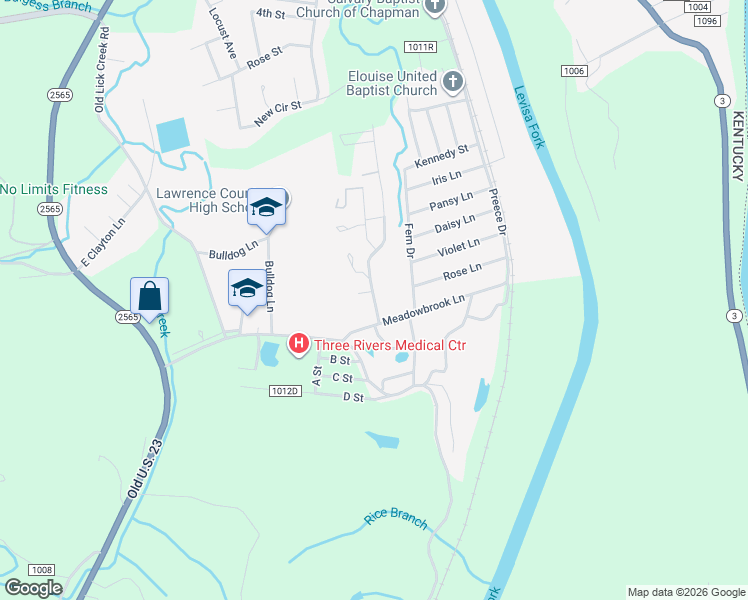 map of restaurants, bars, coffee shops, grocery stores, and more near Meadowbrook Ln in Louisa