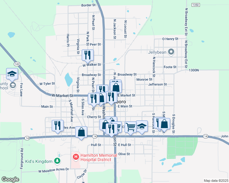 map of restaurants, bars, coffee shops, grocery stores, and more near Jackson Street in McLeansboro
