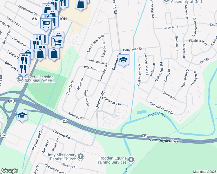 map of restaurants, bars, coffee shops, grocery stores, and more near 5206 Glyndon Way in Louisville