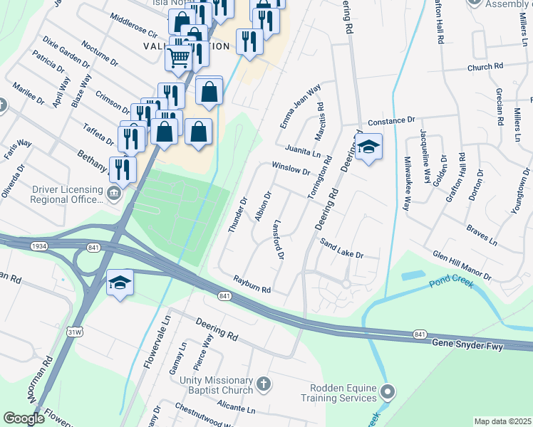 map of restaurants, bars, coffee shops, grocery stores, and more near 11013 Albion Drive in Louisville
