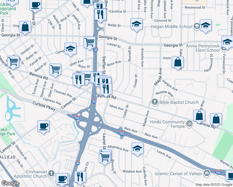 map of restaurants, bars, coffee shops, grocery stores, and more near 345 Steffan Street in Vallejo