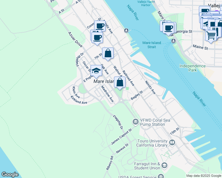 map of restaurants, bars, coffee shops, grocery stores, and more near 1175 Azuar Drive in Vallejo