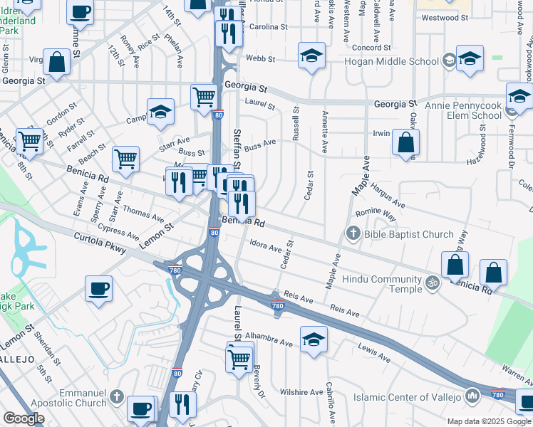 map of restaurants, bars, coffee shops, grocery stores, and more near 345 Steffan Street in Vallejo