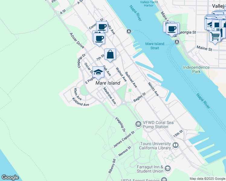 map of restaurants, bars, coffee shops, grocery stores, and more near 1175 Azuar Drive in Vallejo