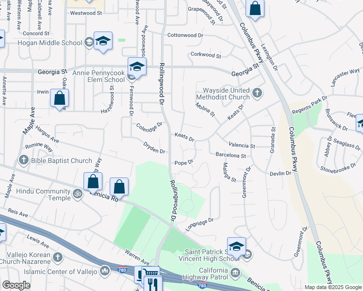 map of restaurants, bars, coffee shops, grocery stores, and more near 150 Yorkshire Court in Vallejo