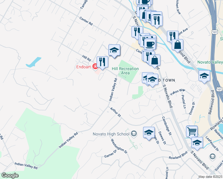 map of restaurants, bars, coffee shops, grocery stores, and more near 6 Tenaya Lane in Novato