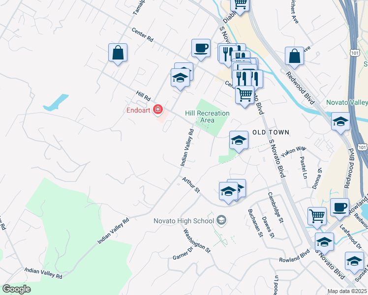map of restaurants, bars, coffee shops, grocery stores, and more near 6 Tenaya Lane in Novato