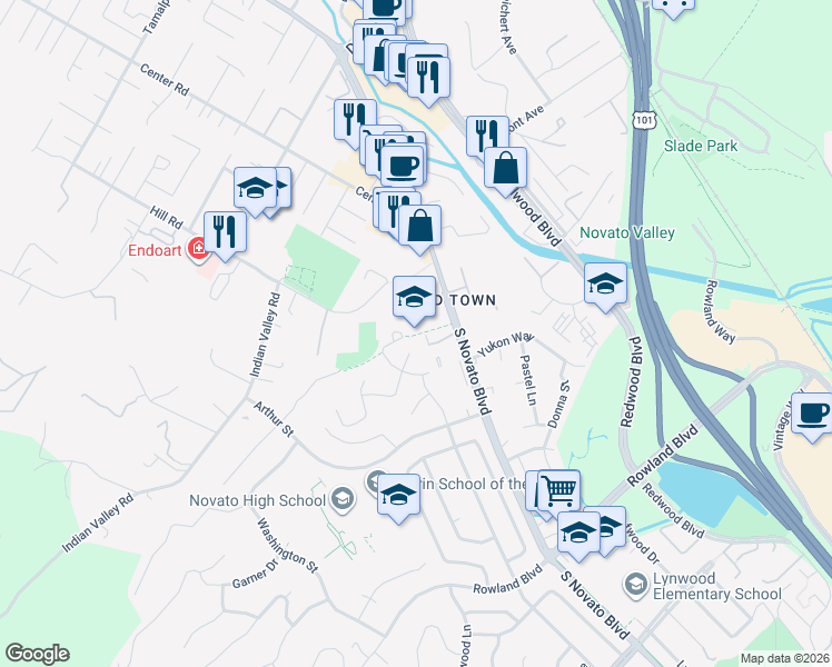 map of restaurants, bars, coffee shops, grocery stores, and more near 1430 Johnson Street in Novato